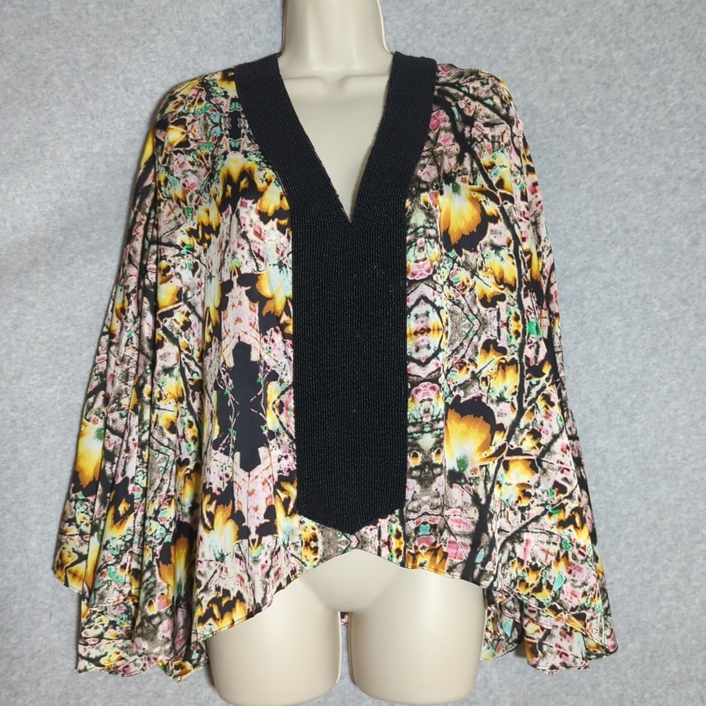 T Bags Los Angeles Beaded‎ V Neck Kimono Split Sleeve Flowy Blouse Top M Artsy